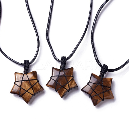 Adjustable Natural Tiger Eye Star Pendant Necklace NJEW-B086-03K-1