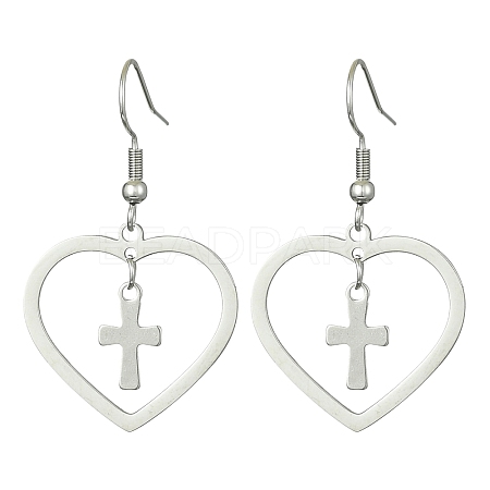 Non-Tarnish 201 Stainless Steel Heart & 304 Stainless Steel Cross Dangle Earrings EJEW-JE05562-1