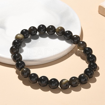 Natural Golden Sheen Obsidian Bead Stretch Bracelets BJEW-K212-B-020-1