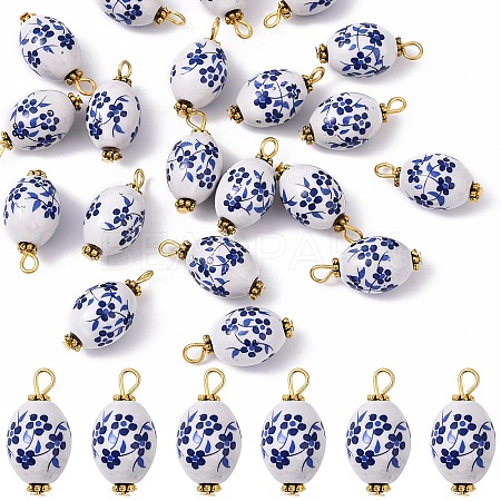 20Pcs Blue & White Floral Printed Porcelain Pendants PALLOY-YW00112-05-1