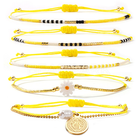 5Pcs 5 Styles Bohemian Glass Seed Bead Braided Beads Bracelets & 304 Stainless Steel Charm Double Layers Bracelets for Women WO6368-1-1