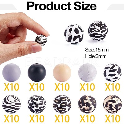 100Pcs 15mm Silicone Beads Cow Print Zebra Print Leopard Print Animal Print Silicone Beads Bulk for Keychain Bracelet Necklace DIY Crafting Making JX311A-1