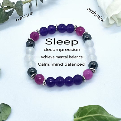 Round Natural  Amethyst& Synthetic Non-magnetic Hematite & Glass Beads Stretch Bracelets for Girl Women FS-WGE0C43-03-1
