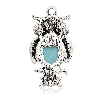 Antique Silver Plated Halloween Owl Alloy Dyed Synthetic Turquoise Pendants PALLOY-J652-01AS-1