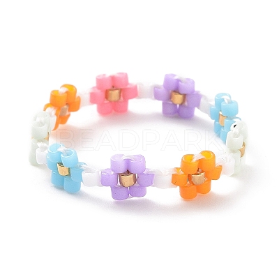 Glass Beaded Flower Wrap Stretch Finger Ring for Women RJEW-MZ00002-02-1