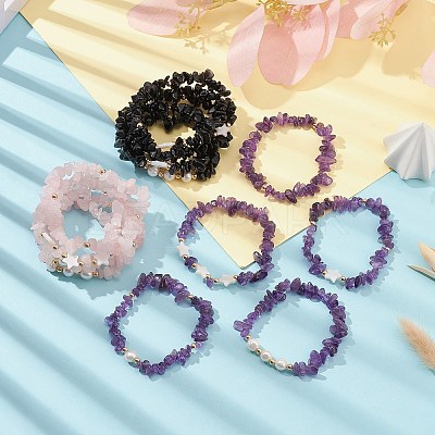 5Pcs 5 Style Natural Mixed Gemstone Chips Stretch Bracelets Set BJEW-JB09551-1