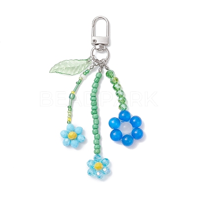 Cat Eye & Glass Seed Beaded Flower Pendant Decorations HJEW-TA00383-03-1