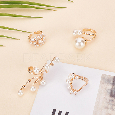 4Pcs 4 Styles Plastic Imitation Pearl Beaded Open Cuff Ring RJEW-AN0001-18-1