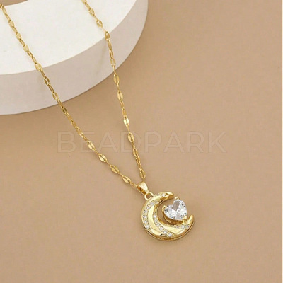 Moon & Heart 304 Stainless Steel Micro Pave Clear Cubic Zirconia Pendant Necklaces FS-WG967E3-01-1