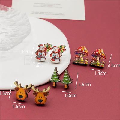 4 Pairs Snowman & Christmas Tree & Deer & Mushroom Printed Wood Stud Earrings EJEW-OY001-07-1