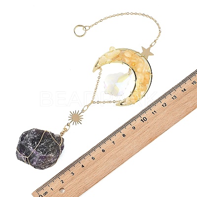 Natural Citrine Chips & Brass Moon Suncatchers HJEW-JM05018-02-1