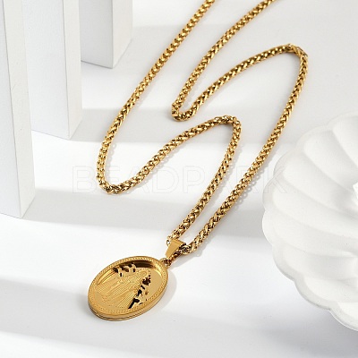 201 Stainless Steel Virgin Mary Pendant Wheat Chain Necklaces for Men NJEW-S387-09G-03-1