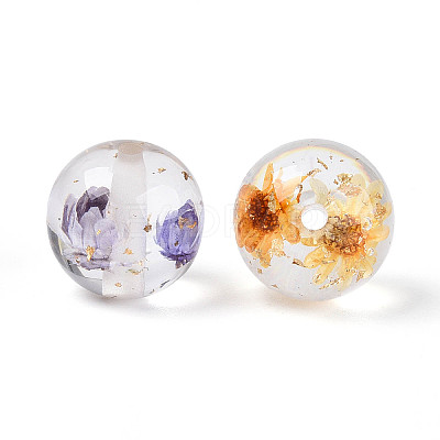 Transparent Resin & Gold Foil & Dried Flower Round Beads RESI-T060-44M-1