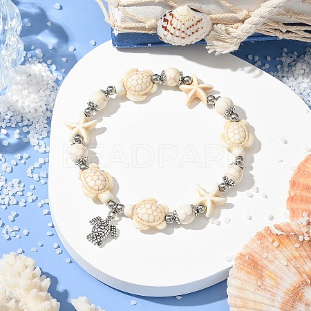Starfish & Turtle Dyed Synthetic Turquoise Beaded Stretch Bracelets BJEW-JB10925-01-1