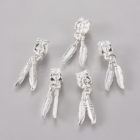 Feather Silver Color Plated Alloy European Dangle Hanging Beads for Bracelet Making X-MPDL-19X4.5-1