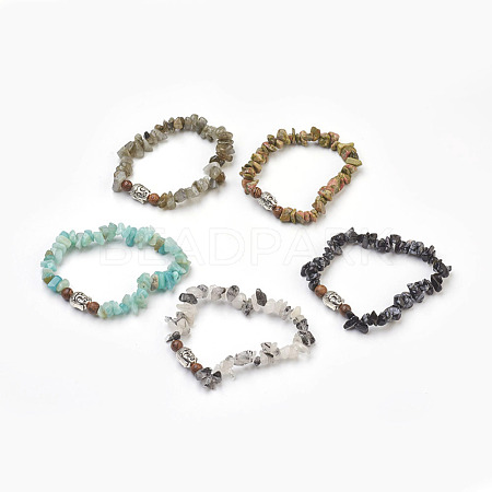 Natural & Synthetic Mixed Stone and Wood Beads Stretch Bracelets BJEW-JB03859-1