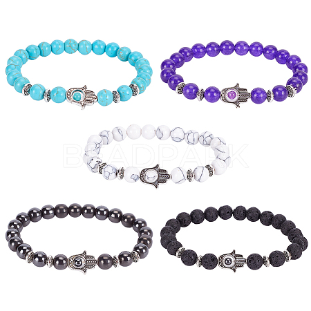 ANATTASOUL 5Pcs 5 Style Natural & Synthetic Mixed Gemstone Round & Hamsa Hand Beaded Stretch Bracelets Set for Women BJEW-AN0001-33-1