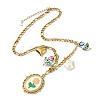 304 Stainless Steel Cloth Oval Embroidered Floral & Flower atural Keshi Pearl & Handmade Porcelain Glazed Hand Painted Tulip Flower Multi-Pendant Necklaces for Women NJEW-JN06354-3