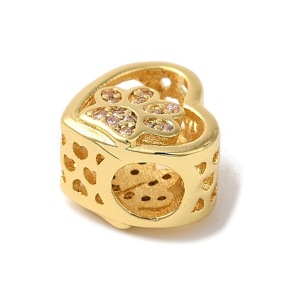 Heart with Paw Print Pattern Rack Plating Brass Micro Pave Cubic Zirconia European Beads KK-G511-05A-G-1