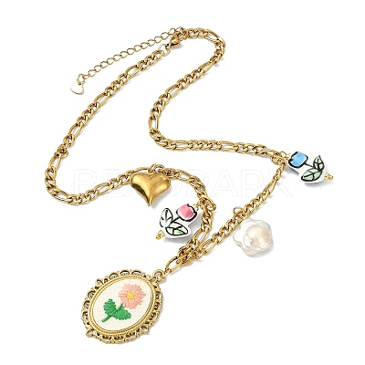 304 Stainless Steel Cloth Oval Embroidered Floral & Flower atural Keshi Pearl & Handmade Porcelain Glazed Hand Painted Tulip Flower Multi-Pendant Necklaces for Women NJEW-JN06354-1
