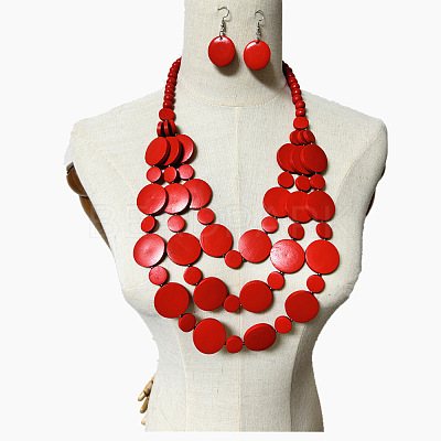 Ethnic Style Wood Flat Round Beaded Multilayer Necklaces & Dangle Earrings Sets WG19BD2-04-1