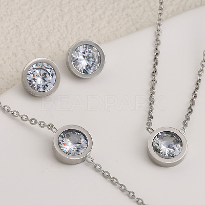 Flat Round 304 Stainless Steel Pave Clear Cubic Zirconia Link Bracelets & Stud Earrings & Pendant Necklaces FS-WG45711-02-1