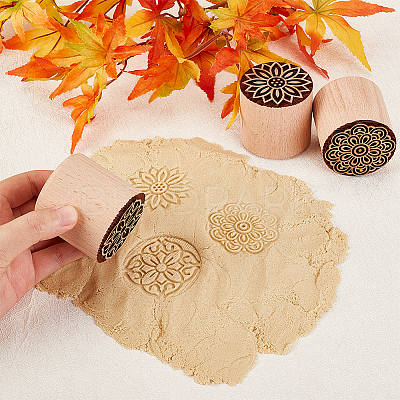 3Pcs 3 Styles Round Wooden Traditional Chinese Moon Cake Stamps AJEW-OC0004-19B-1