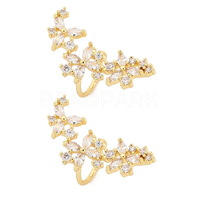 Flower Brass Micro Pave Clear Cubic Zirconia Cuff Earrings EJEW-K305-03G-1