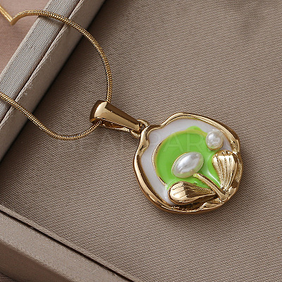 304 Stainless Steel Enamel with Imitation Pearl Flower Pendant Necklaces for Women DU2502-1