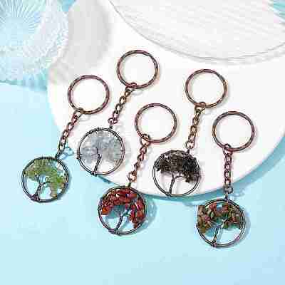 Brass Wire Wrapped Natural & Synthetic Mixed Stone Pendant Keychain KEYC-JKC00655-1