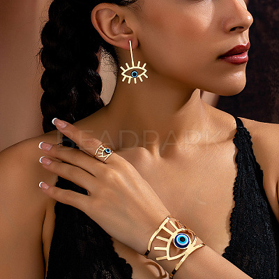 Hollow Out Evil Eye Alloy Resin Cuff Bangles & Cuff Rings & Stud Earrings Sets FS-WG3F92B-01-1