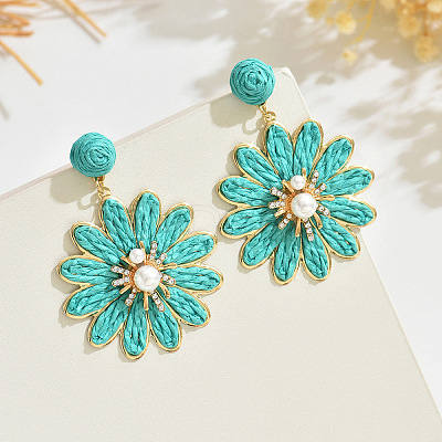 Flower Alloy Raffia Dangle Stud Earrings FS-WG63945-05-1
