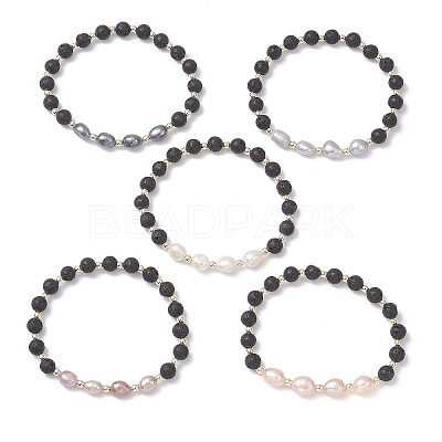 Natural Lava Rock & Cultured Freshwater Pearl Beads Stretch Bracelets for Women BJEW-JB12868-1