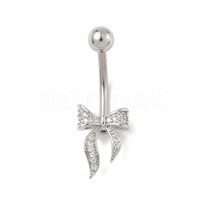 Brass Pave Clear Cubic Zirconia Curved Barbell Bowknot Belly Rings AJEW-L099-01B-P-1