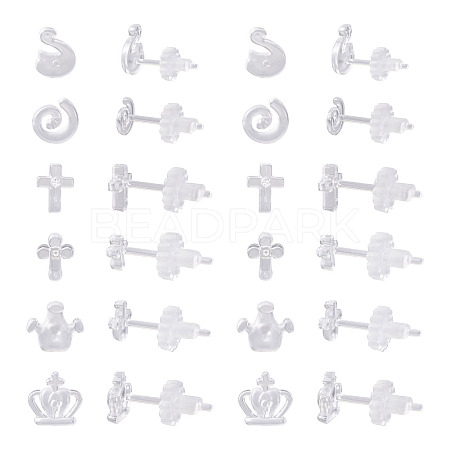 60 Sets 6 Style Crown & Cross & Swan & Vortex Transparent Resin Stud Earrings for Women EJEW-BG0001-02-1