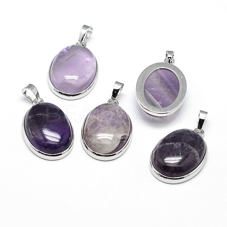 Oval Platinum Plated Brass Natural Amethyst Pendants X-G-F228-15C-RS-1