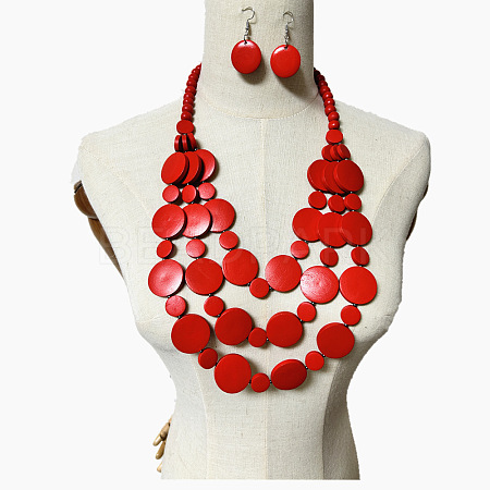 Ethnic Style Wood Flat Round Beaded Multilayer Necklaces & Dangle Earrings Sets WG19BD2-04-1
