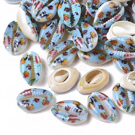 Printed Natural Cowrie Shell Beads X-SSHEL-R047-01-C01-1