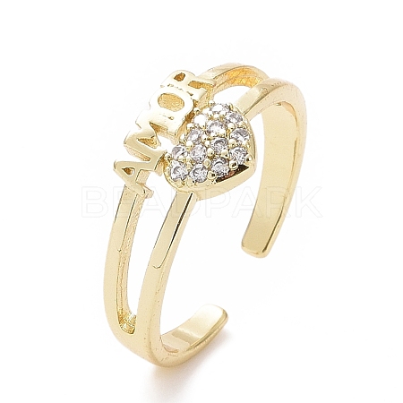 Clear Cubic Zirconia Heart with Word Amor Open Cuff Ring RJEW-I094-06G-1