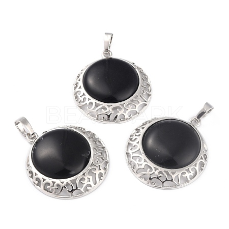 Natural Obsidian Pendants with Hollow Platinum Brass Findings G-P448-A12-P-1