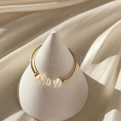 304 Stainless Steel with Natural Baroque Pearl Rondelle Beaded Finger Rings FS-WG39983-03-1