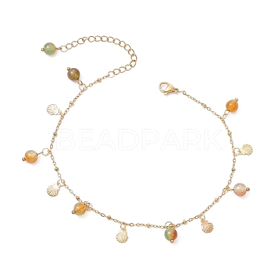 Dyed Natural Banded Agate Round & 304 Stainless Steel Shell Shape Tassel Anklets for Women AJEW-AN00702-03-1