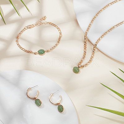 18K Real Gold Plated Natural Green Aventurine Oval Pendant Necklaces & Stud Earrings & Link Bracelet SJEW-AN0001-51-1