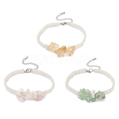 3Pcs Handmade Glass Seed Beaded & Natural Mixed Gemstone Chips Beaded Bracelets for Women BJEW-MZ00225-1