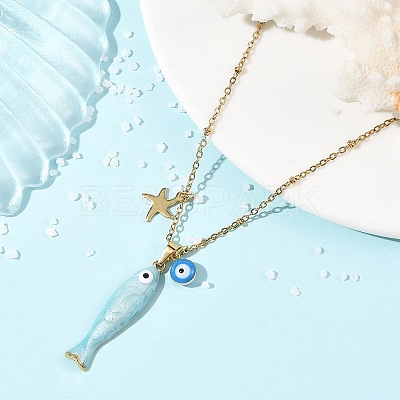 Brass Enamel Evil Eye & 304 Stainless Steel Fish Charms 304 Stainless Steel Chains Necklaces for Women NJEW-JN06382-01-1