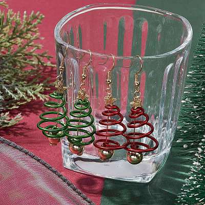 2 Pairs 2 Colors Christmas Tree Electroplated Synthetic Non-magnetic Hematite & Aluminum Wire Dangle Earrings EJEW-JE05908-1