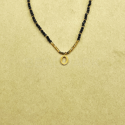 Stainless Steel Initial Pendant Faceted Round Natural Black Spinel Beaded Necklaces for Women ZD9259-15-1