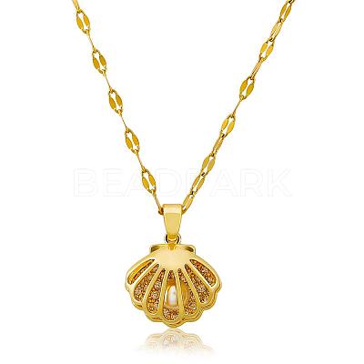 Seashell Pearl Necklace Clear Cubic Zirconia Shell Cage Dangle Necklace Summer Scallop Choker Charm Stainless Steel Jewelry for Women Beach JN1114A-1