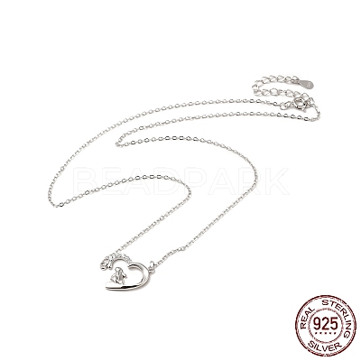 Rhodium Plated 925 Sterling Silver Rabbit with Heart Pendant Necklace with Clear Cubic Zirconia for Women NJEW-E034-02P-1