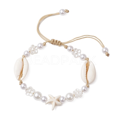 Adjustable Natural Cowrie Shell & ABS Plastic Imtation Pearl Beaded Braided Bead Bracelets for Women BJEW-JB11870-1